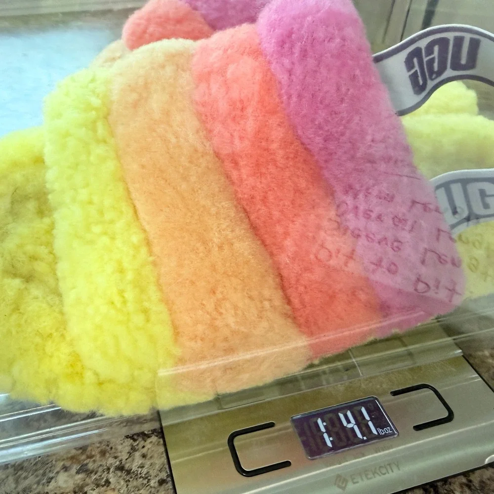 UGG Fluff Yeah Slide Rainbow Sheepskin Slippers Pink Orange Yellow Est. Size 9 - Picture 8 of 8